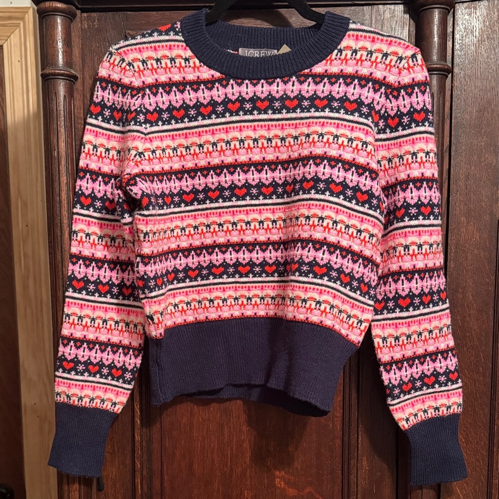 New J. Crew Women's Shrunken Fair Isle Hearts Puff Sleeve Nordic Sweater XS